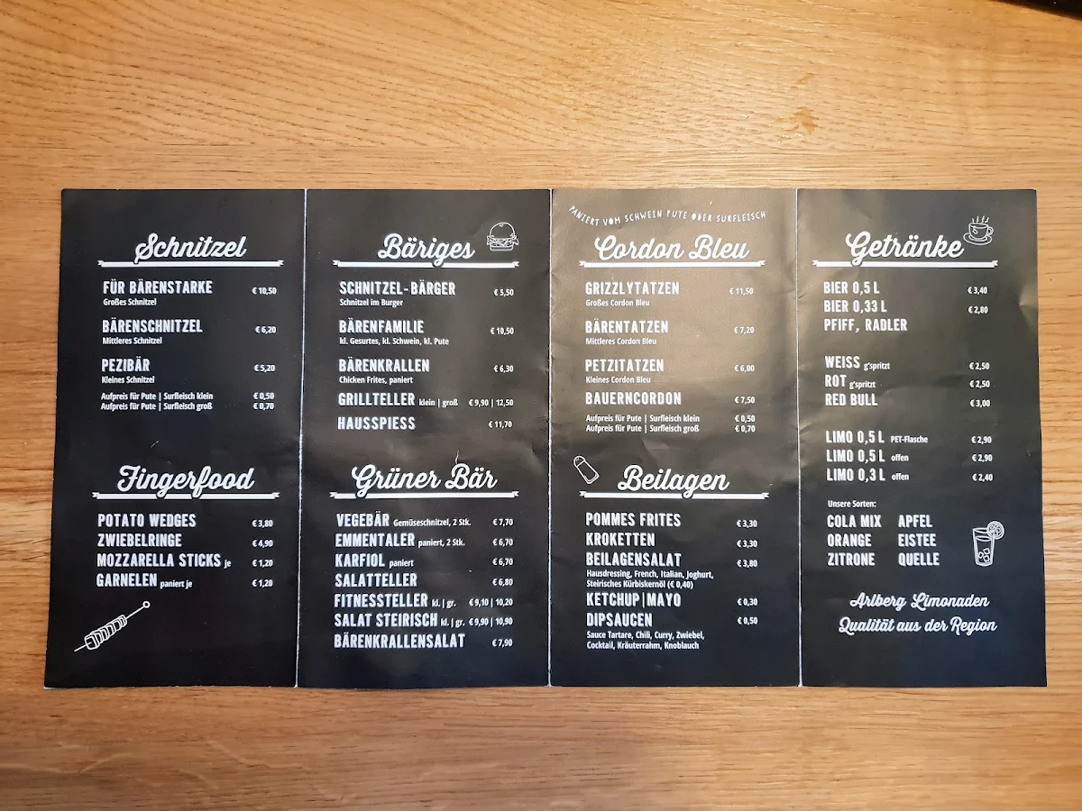 Speisekarte, Schnitzel-Bär Hohenems