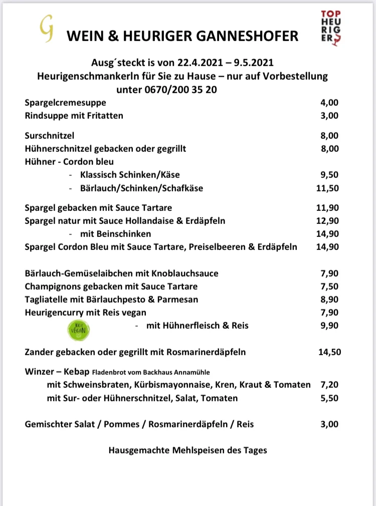Speisekarte, wein & heuriger ganneshofer