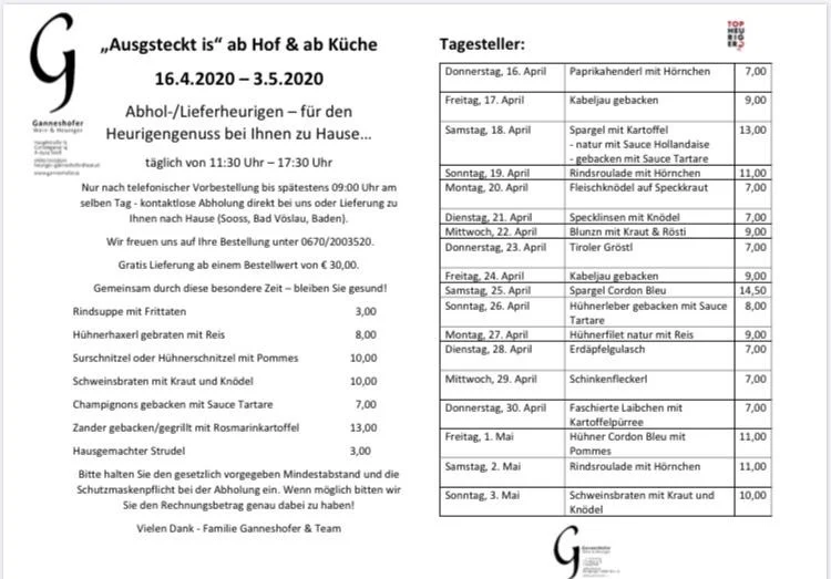 Speisekarte, wein & heuriger ganneshofer