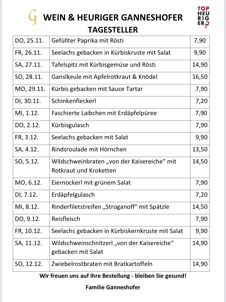 Speisekarte, wein & heuriger ganneshofer