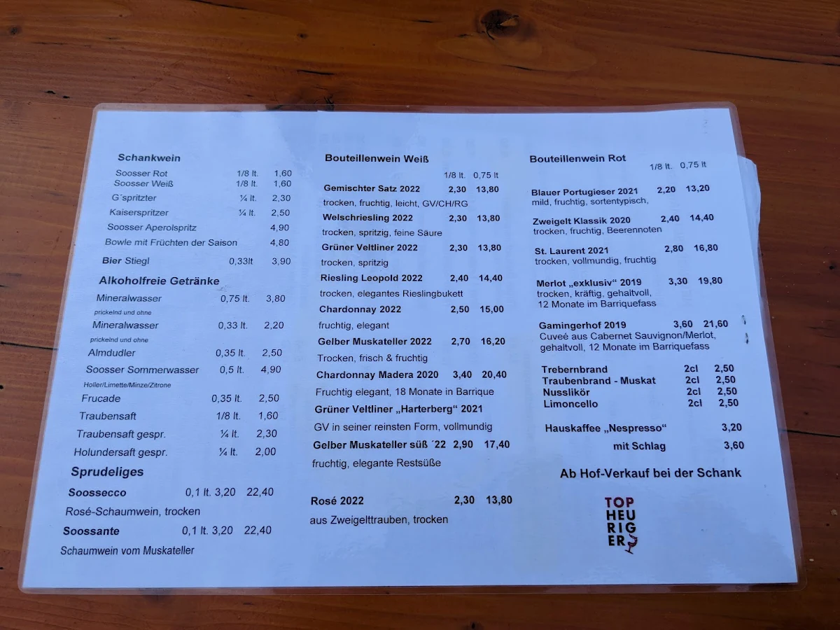 Speisekarte, wein & heuriger ganneshofer