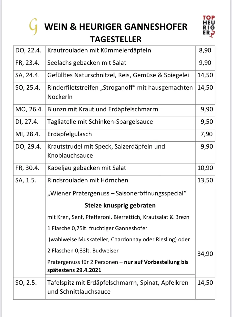 Speisekarte, wein & heuriger ganneshofer
