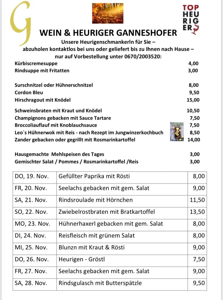 Speisekarte, wein & heuriger ganneshofer