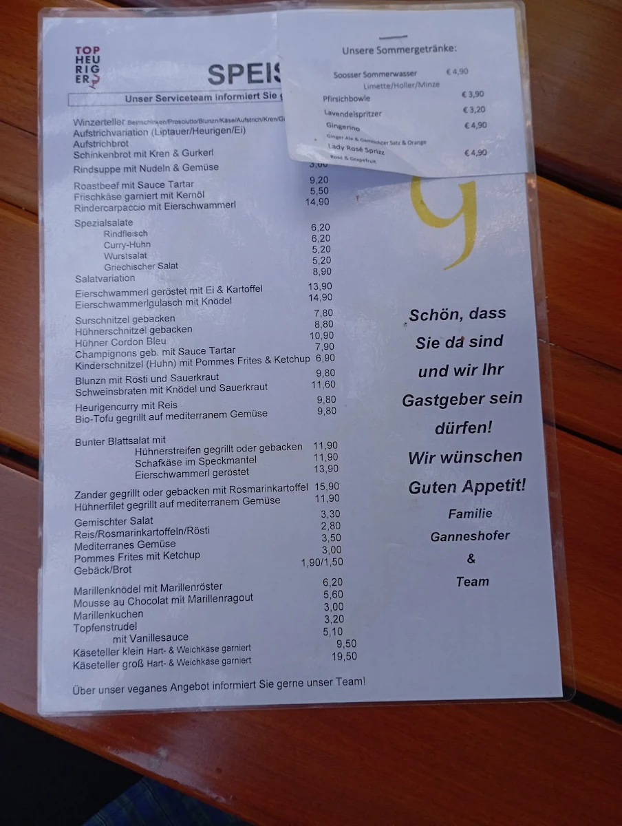 Speisekarte, wein & heuriger ganneshofer
