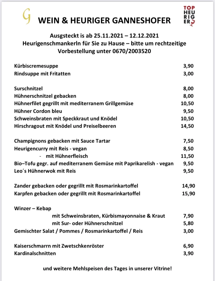 Speisekarte, wein & heuriger ganneshofer