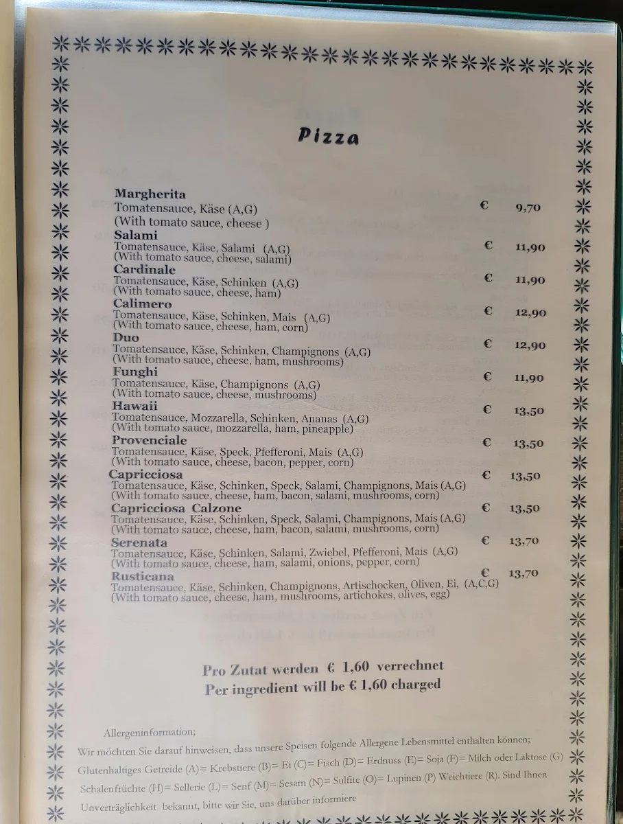 Speisekarte, Pizzeria Angelo