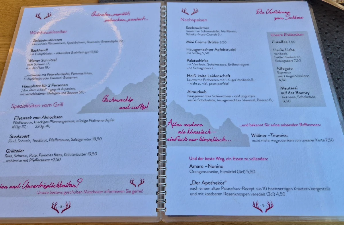 Speisekarte, Hotel und Wirt Wallner