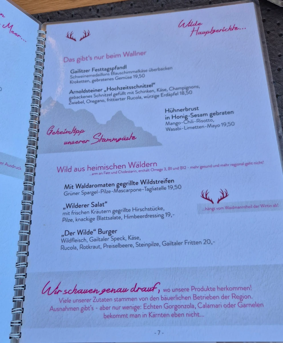 Speisekarte, Hotel und Wirt Wallner