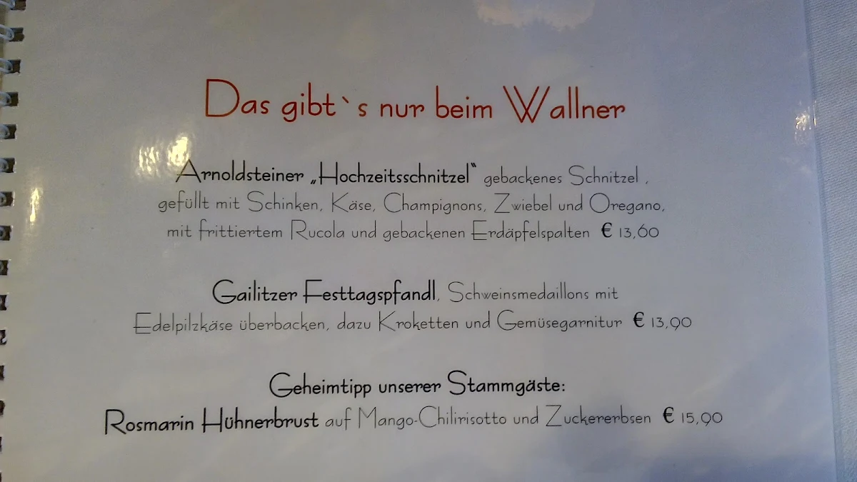Speisekarte, Hotel und Wirt Wallner