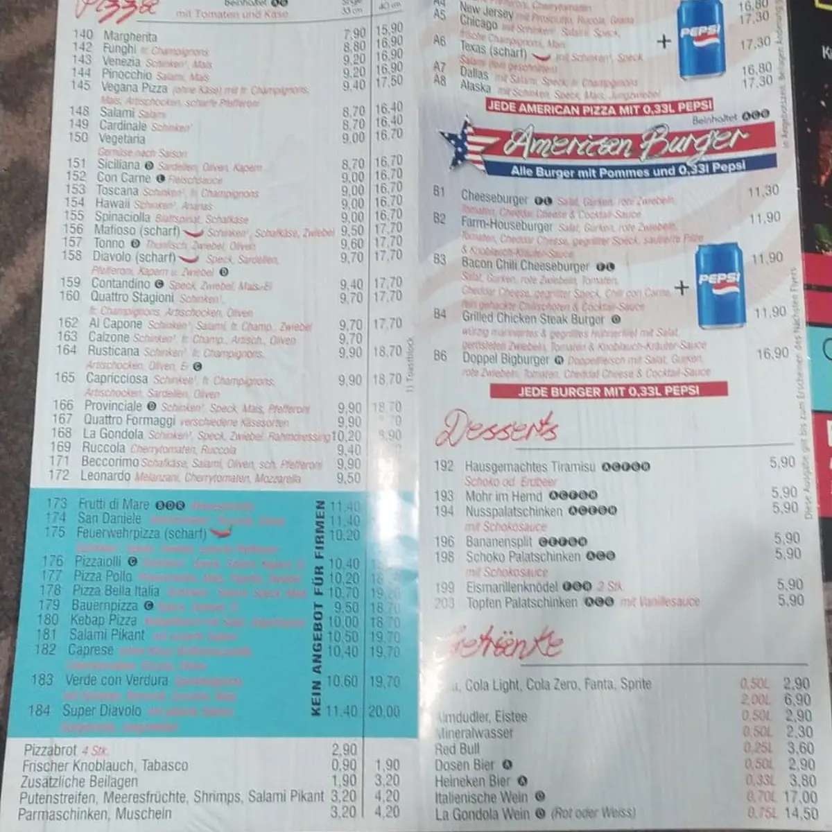 Speisekarte, Pizzeria La Gondola