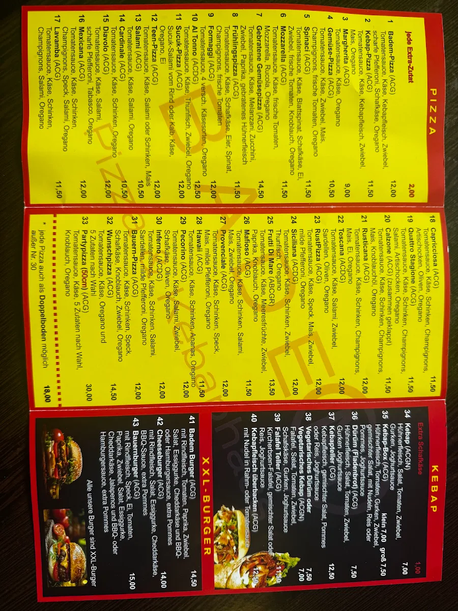 Speisekarte, BADEM Pizza & Kebaphaus