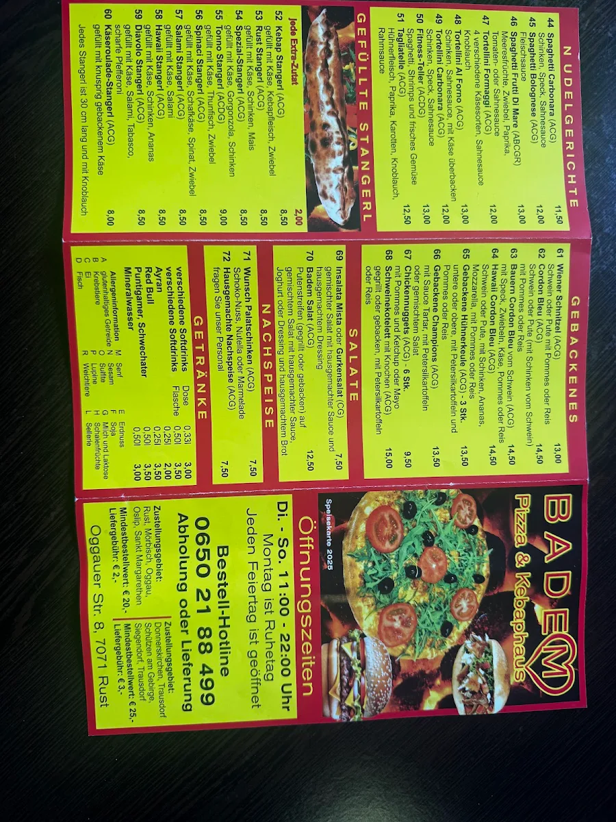 Speisekarte, BADEM Pizza & Kebaphaus