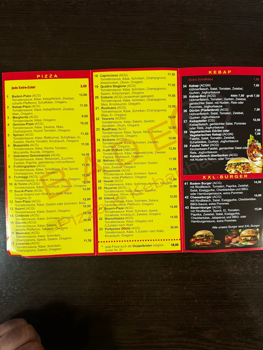 Speisekarte, BADEM Pizza & Kebaphaus