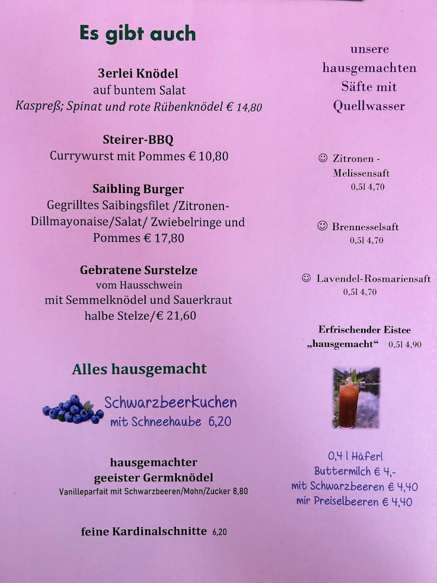 Speisekarte, Waldhäuslalm