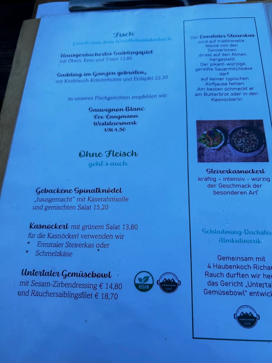 Speisekarte, Waldhäuslalm