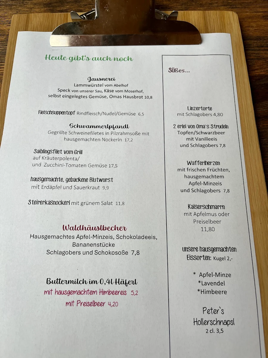 Speisekarte, Waldhäuslalm