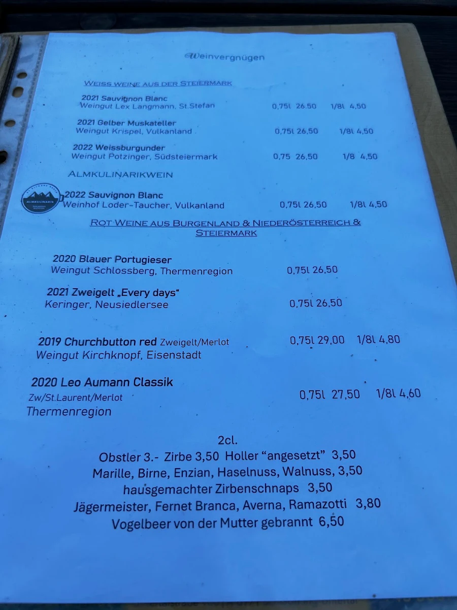 Speisekarte, Waldhäuslalm