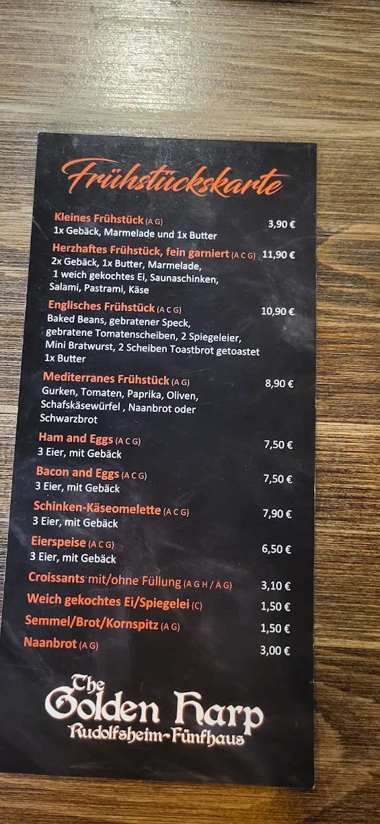 Speisekarte, The Golden Harp Irish Pub Rudolfsheim-Fünfhaus