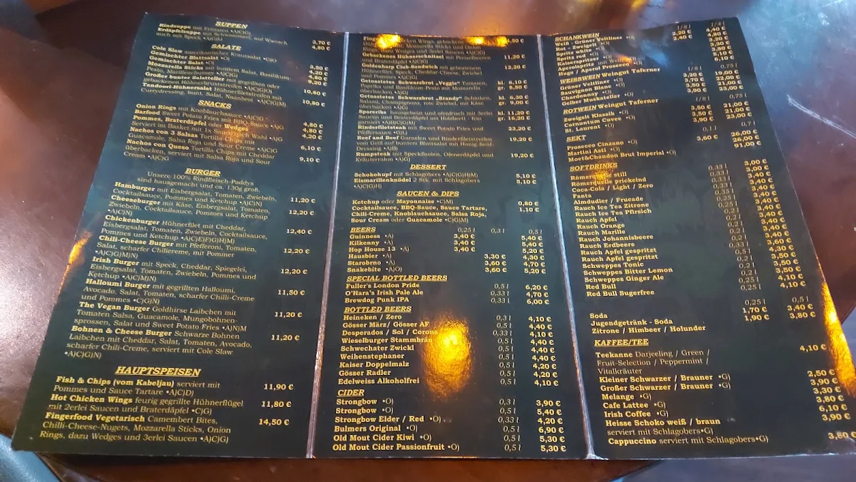 Speisekarte, The Golden Harp Irish Pub Rudolfsheim-Fünfhaus