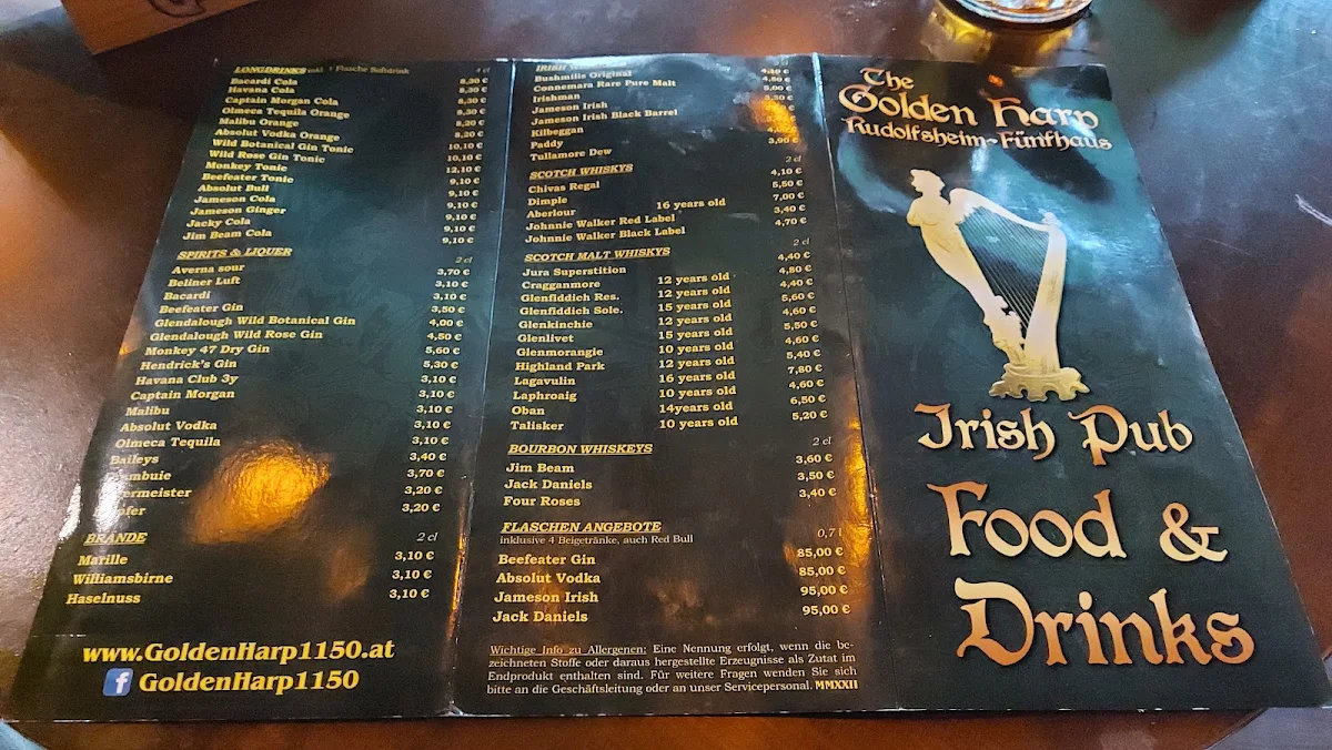 Speisekarte, The Golden Harp Irish Pub Rudolfsheim-Fünfhaus
