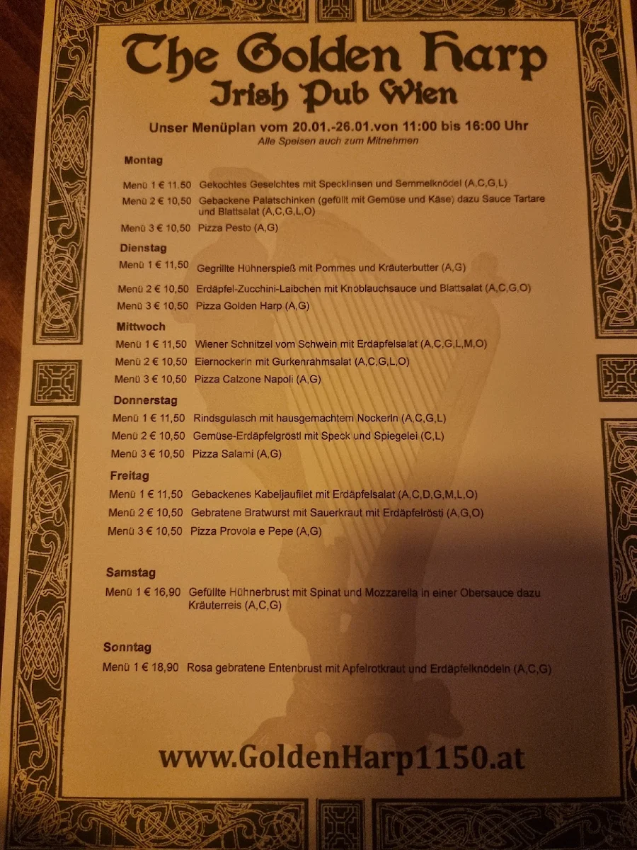 Speisekarte, The Golden Harp Irish Pub Rudolfsheim-Fünfhaus