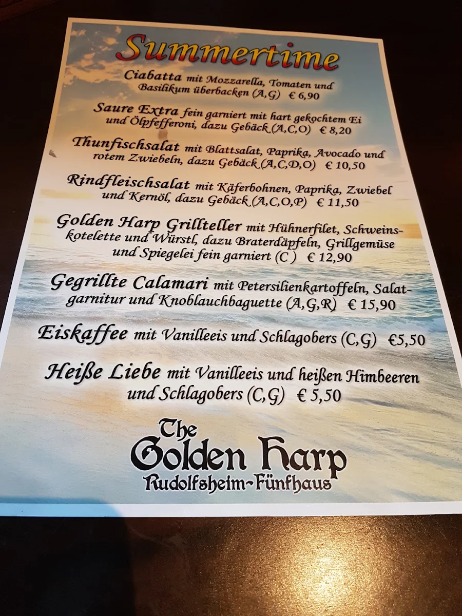 Speisekarte, The Golden Harp Irish Pub Rudolfsheim-Fünfhaus