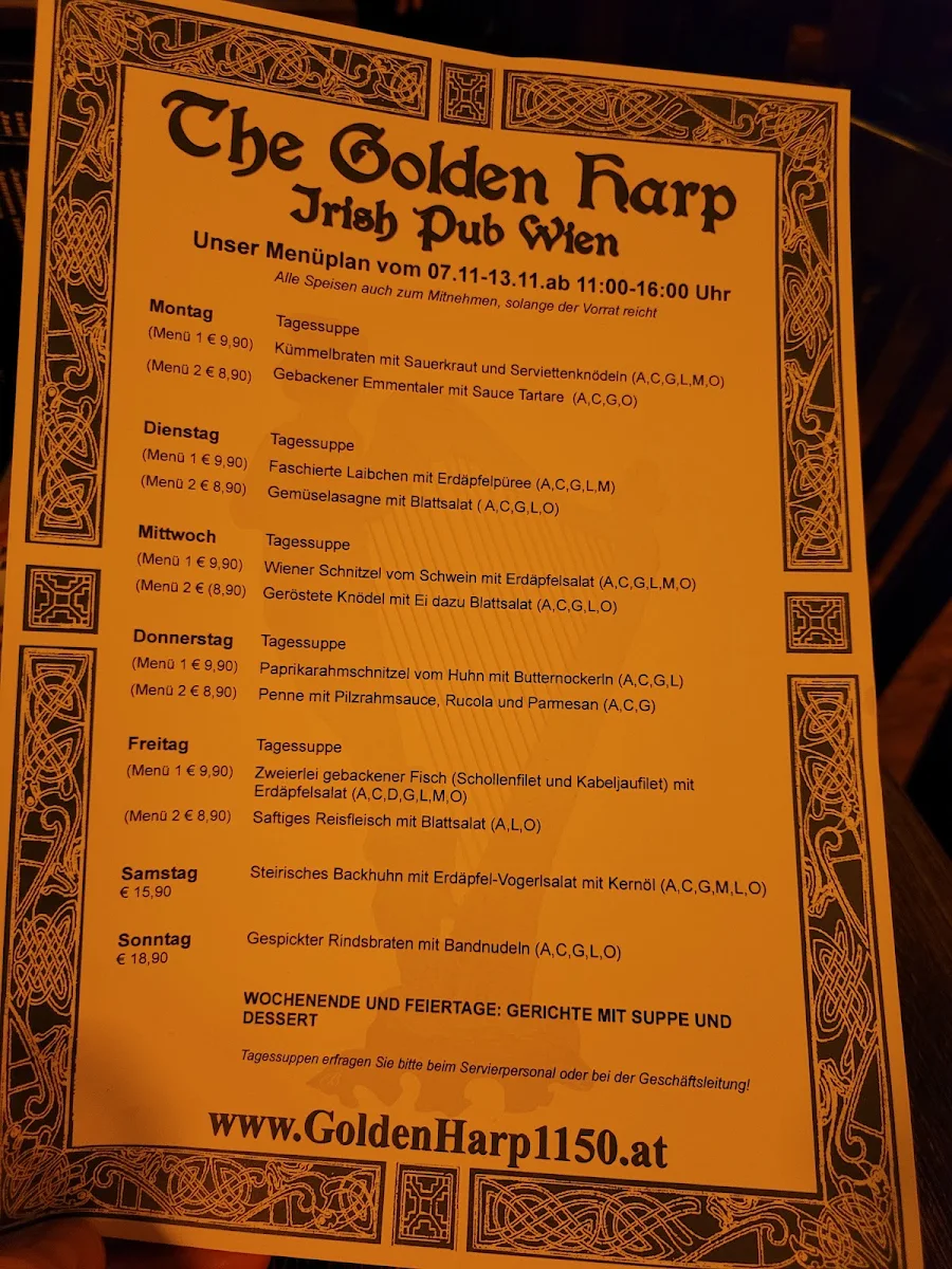 Speisekarte, The Golden Harp Irish Pub Rudolfsheim-Fünfhaus