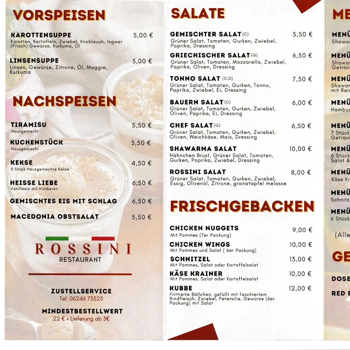 Speisekarte, Rossini Restaurant