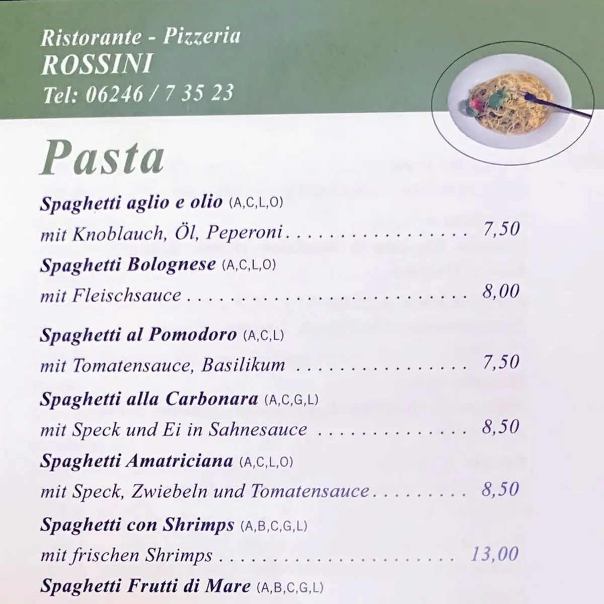 Speisekarte, Rossini Restaurant