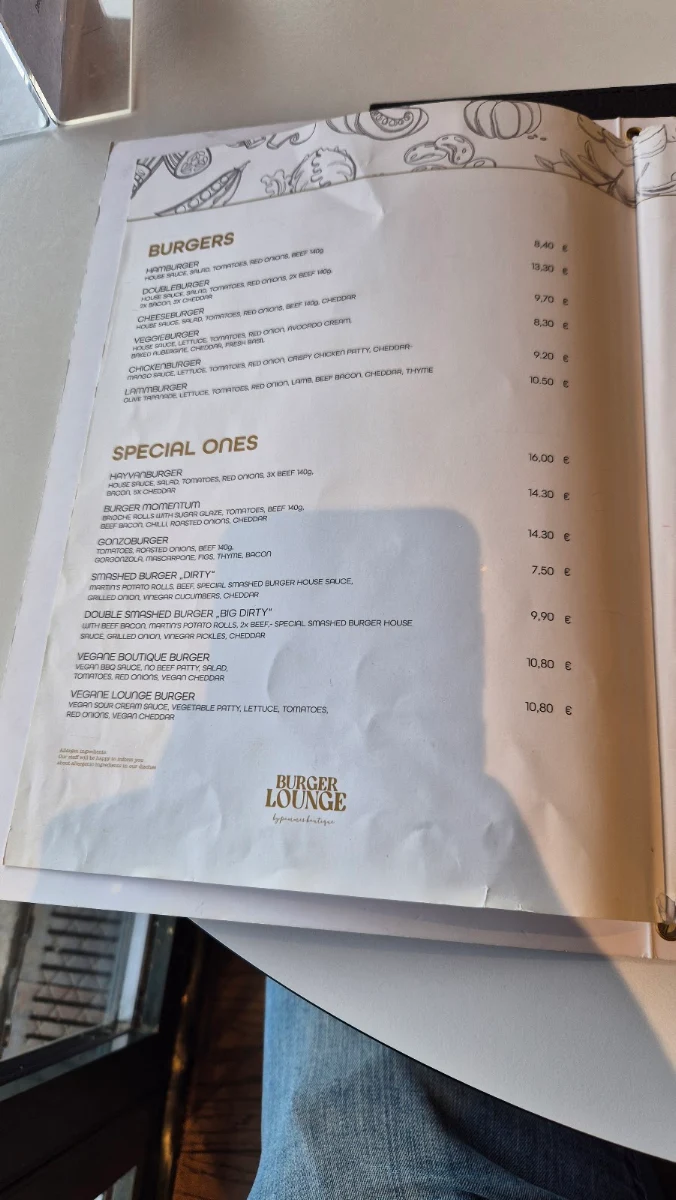 Speisekarte, Burger Lounge