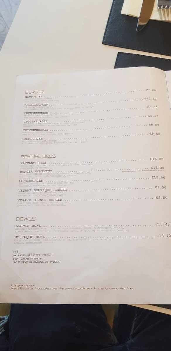 Speisekarte, Burger Lounge
