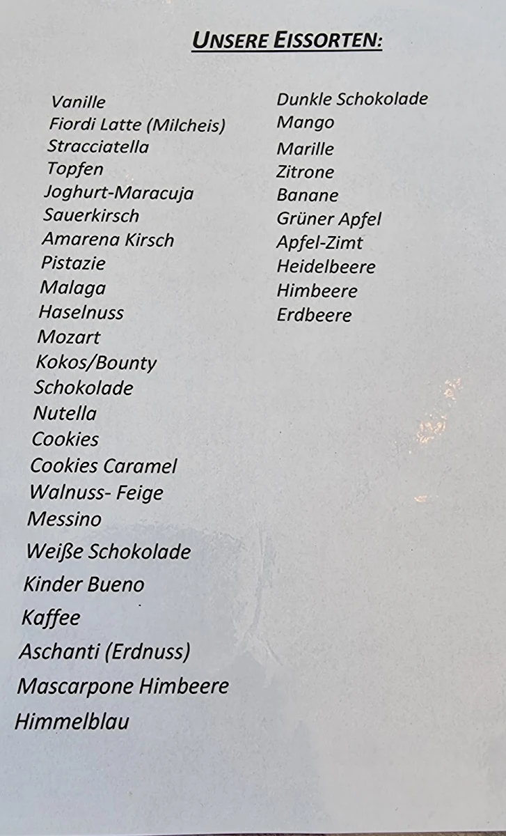 Speisekarte, Der Eissalon Laxenburg