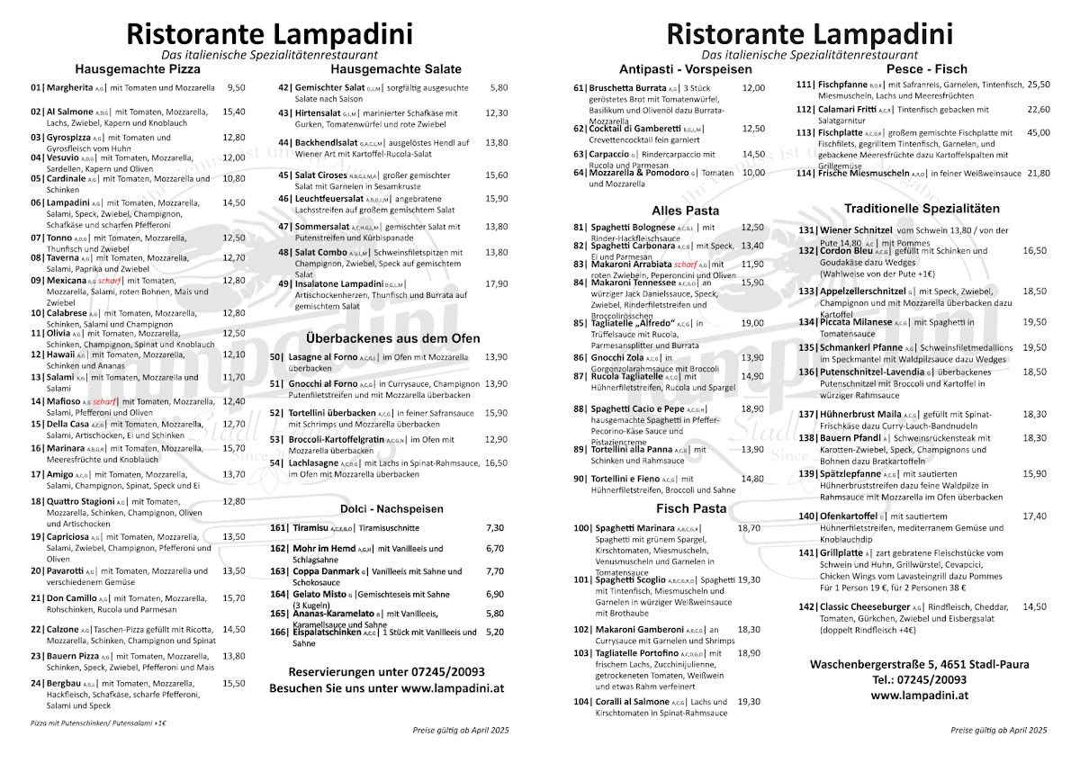 Speisekarte, Restaurant Lampadini