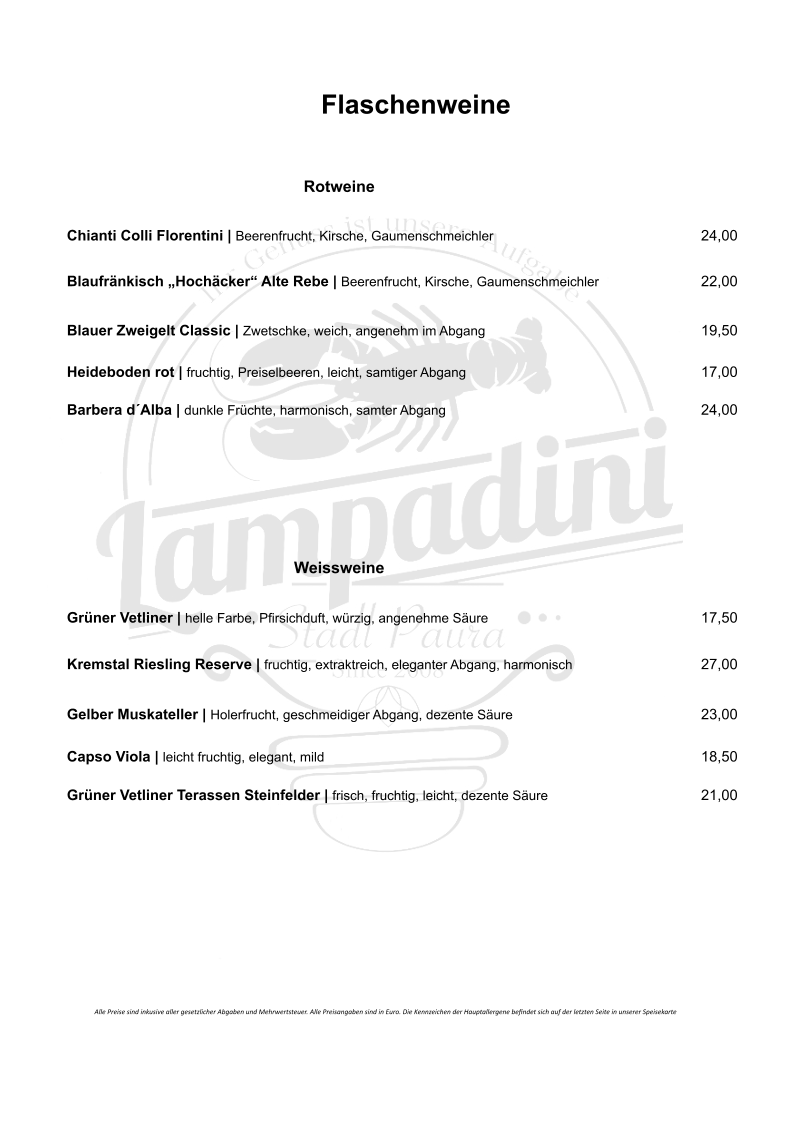 Speisekarte, Restaurant Lampadini