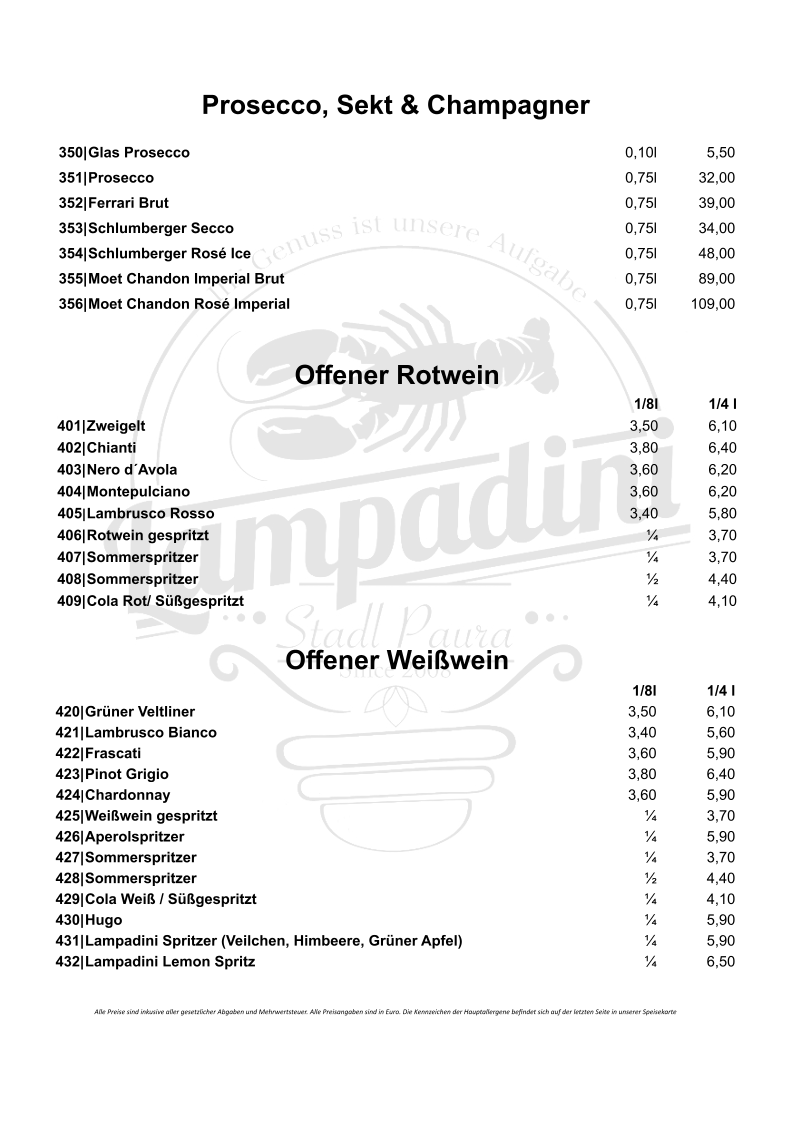 Speisekarte, Restaurant Lampadini