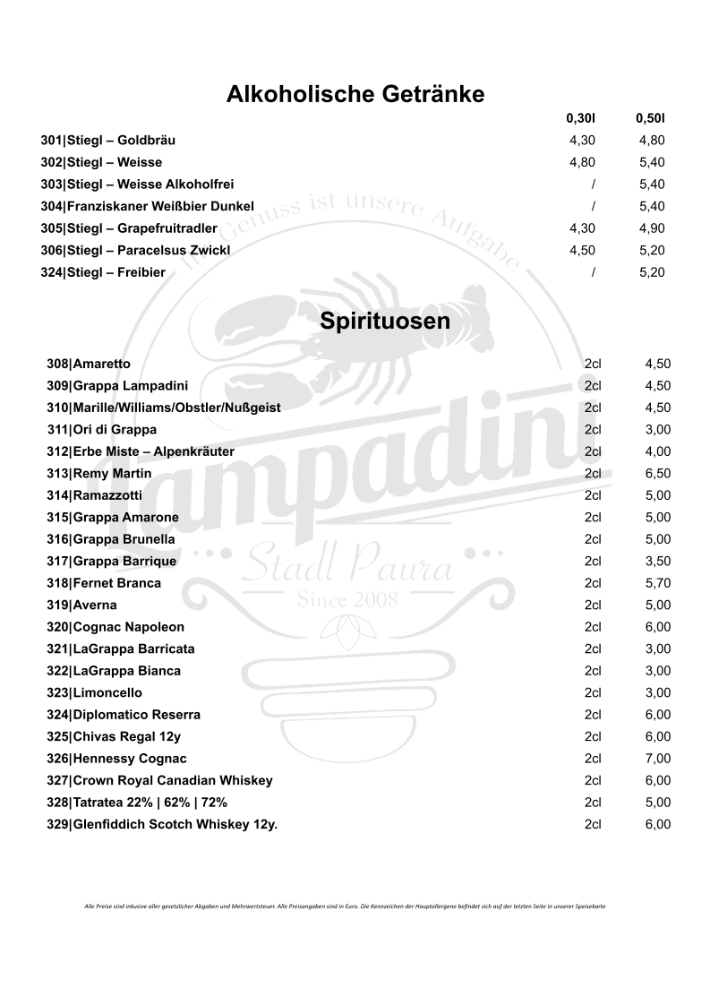 Speisekarte, Restaurant Lampadini
