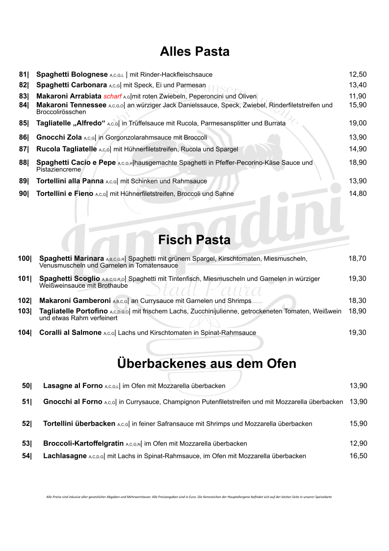 Speisekarte, Restaurant Lampadini