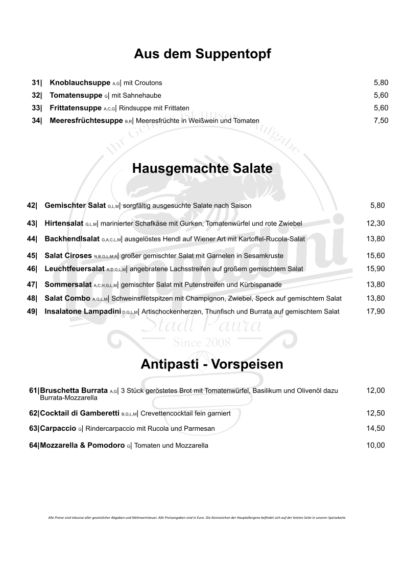Speisekarte, Restaurant Lampadini