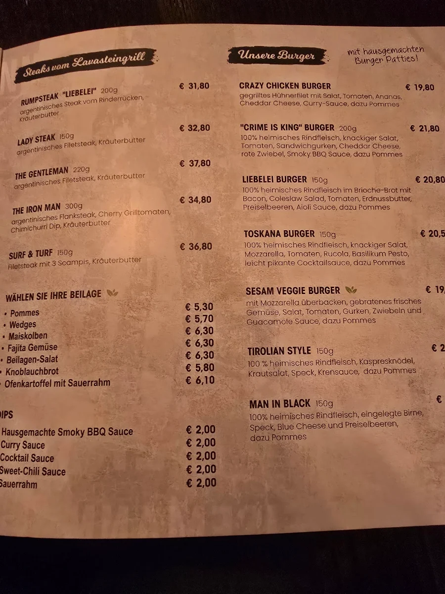 Speisekarte, Liebelei Sölden