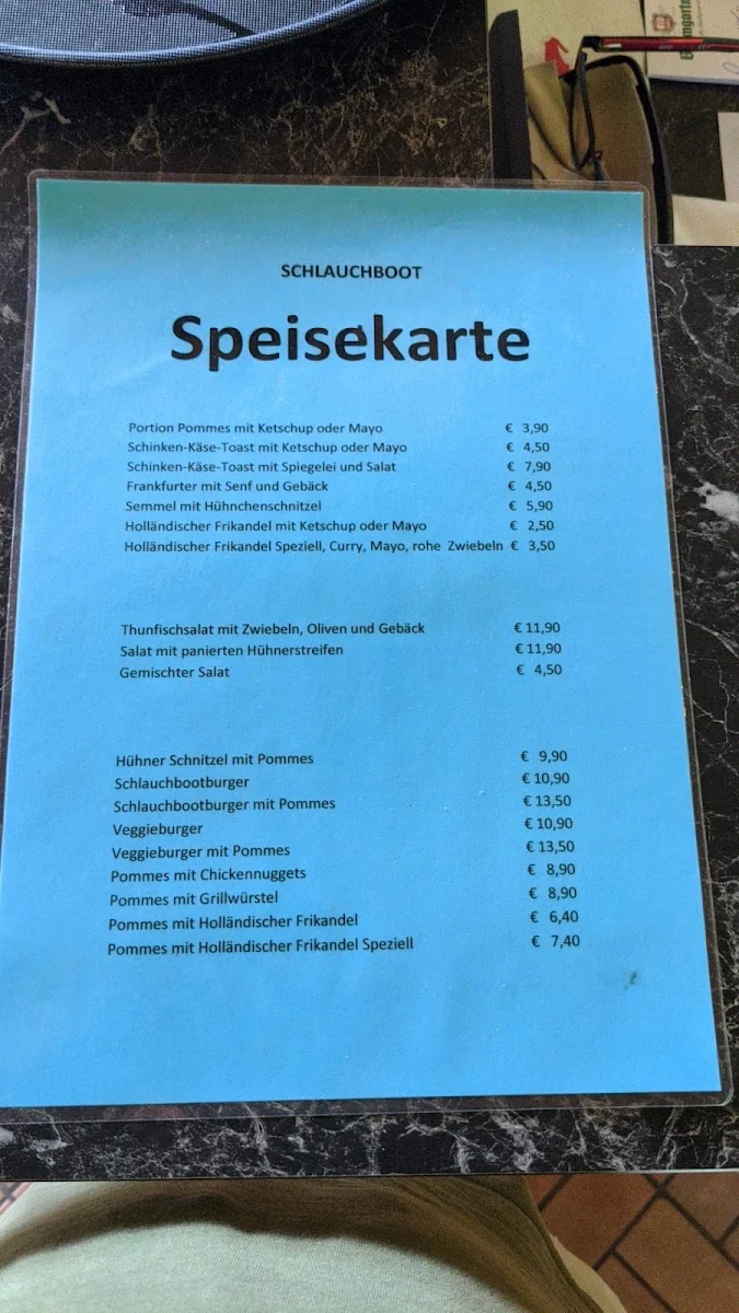 Speisekarte, Schlauchboot