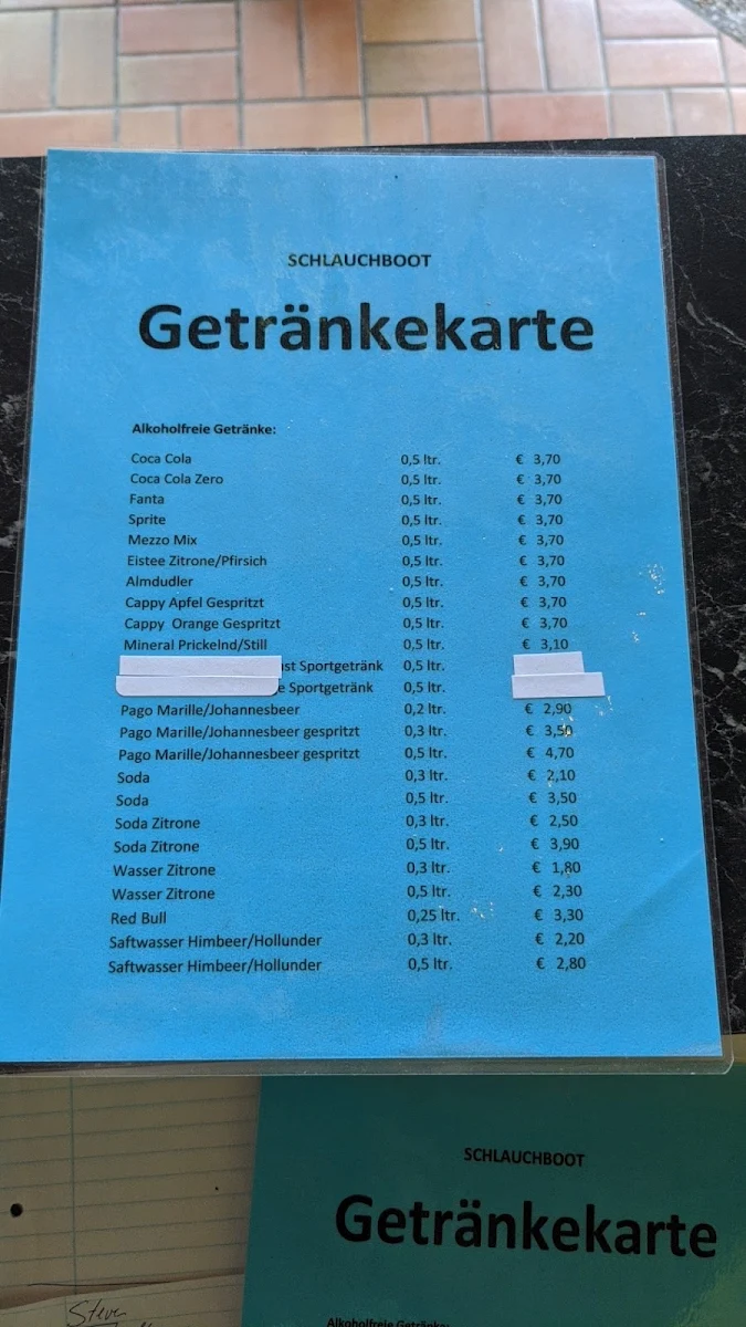 Speisekarte, Schlauchboot