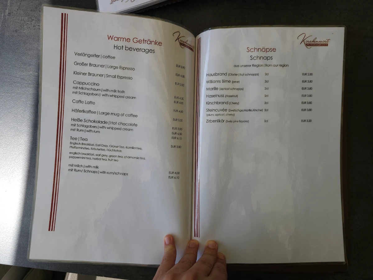 Speisekarte, Hotel-Restaurant Kirchenwirt Russbach Dachstein West Hotel GmbH