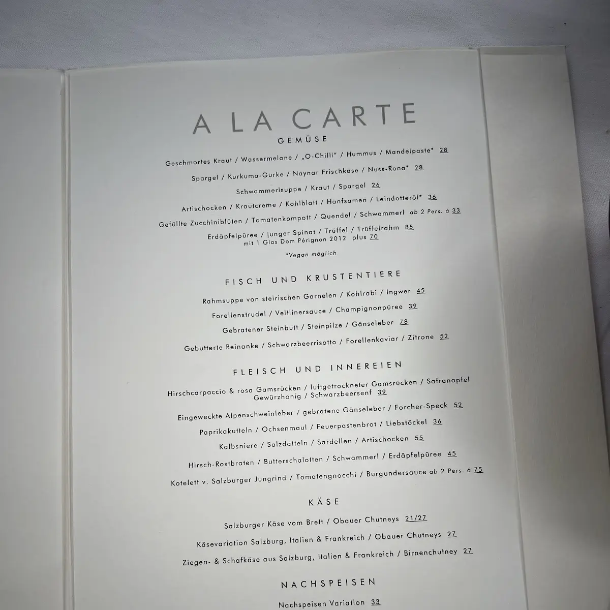 Speisekarte, Restaurant Obauer