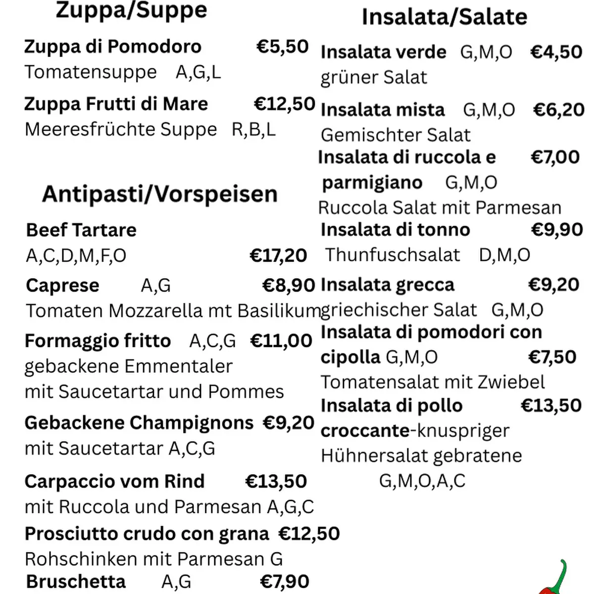 Speisekarte, Pizzeria PEPERONCINO