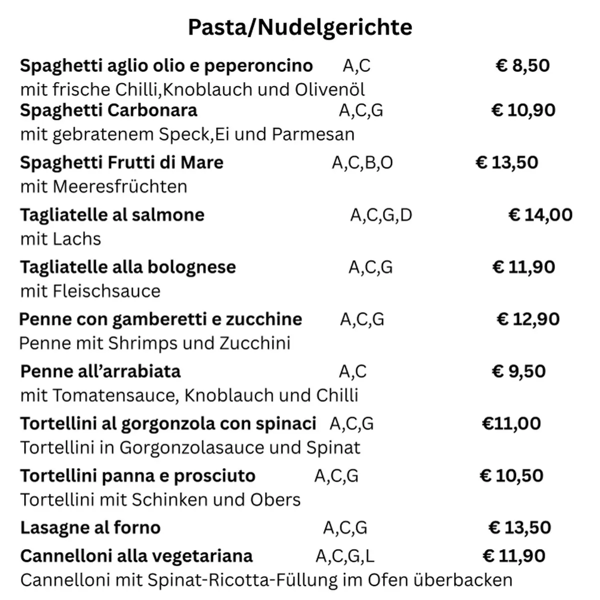 Speisekarte, Pizzeria PEPERONCINO