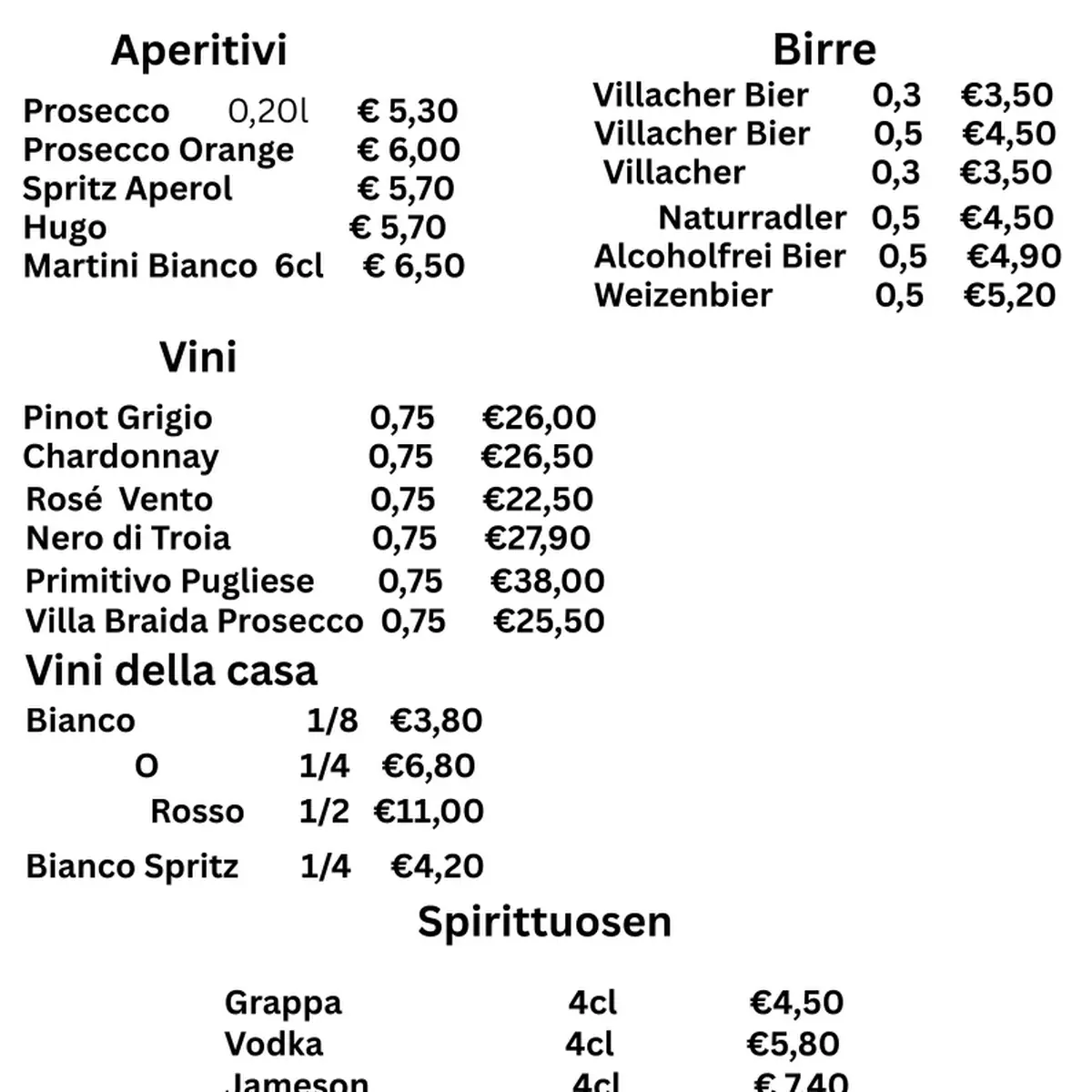 Speisekarte, Pizzeria PEPERONCINO