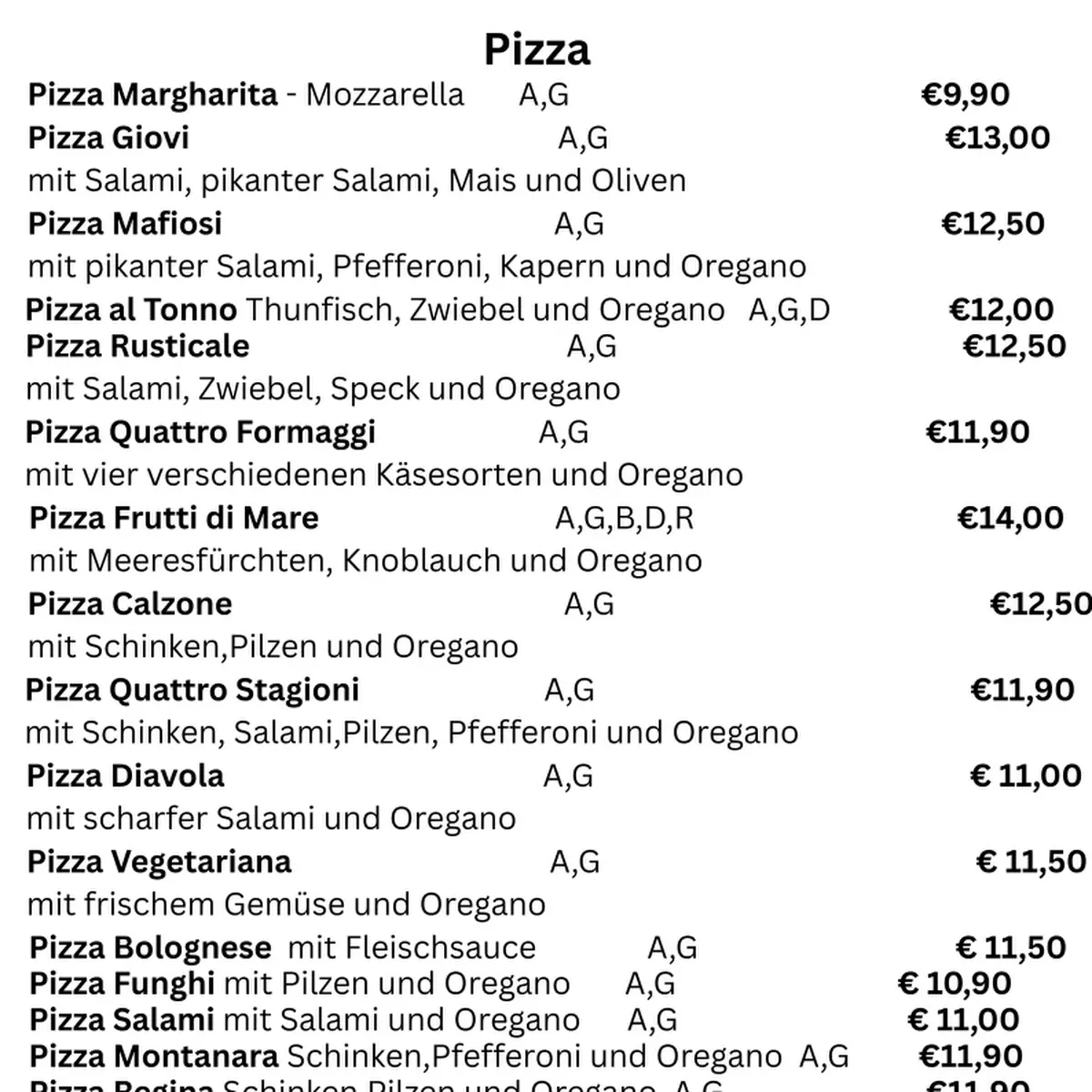 Speisekarte, Pizzeria PEPERONCINO