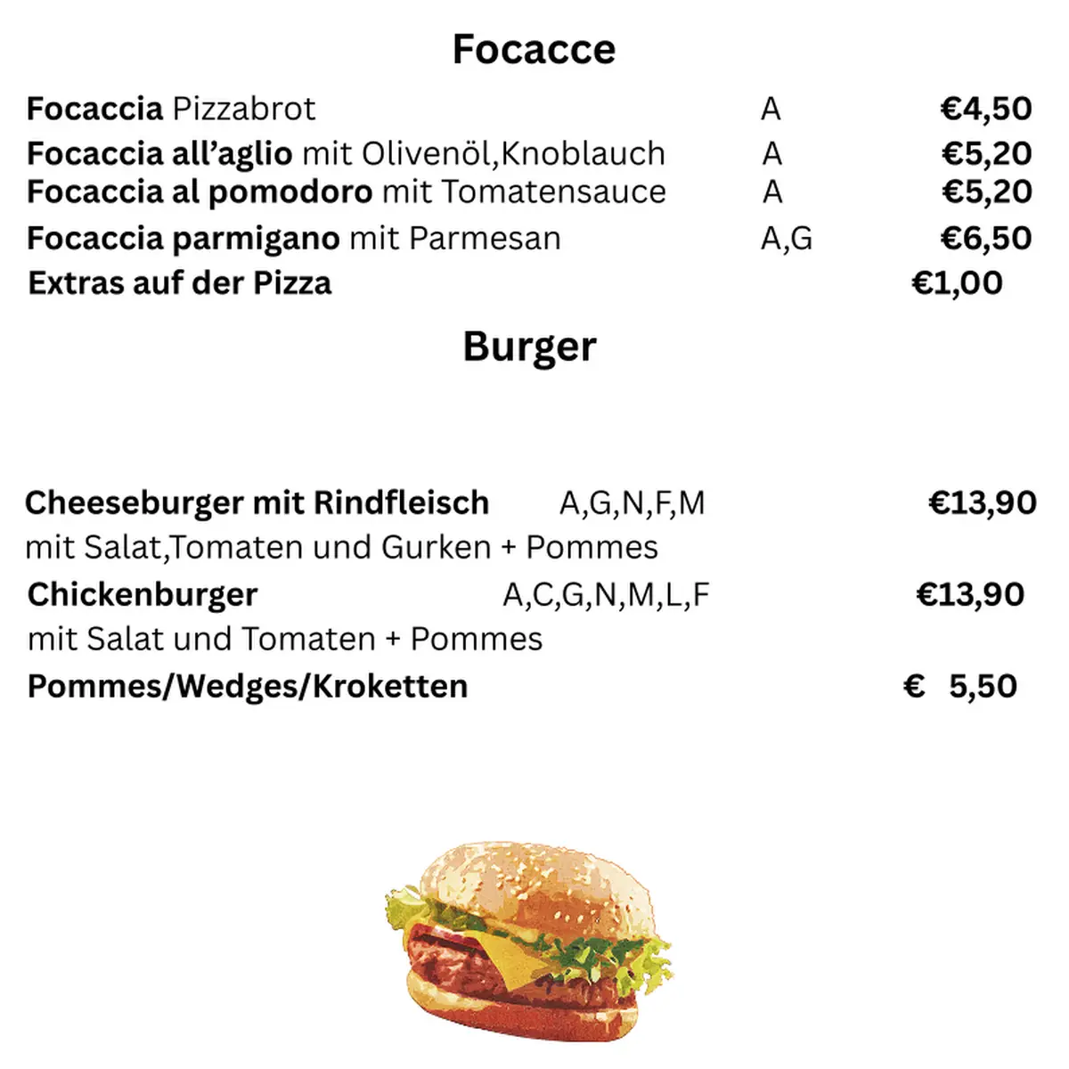 Speisekarte, Pizzeria PEPERONCINO