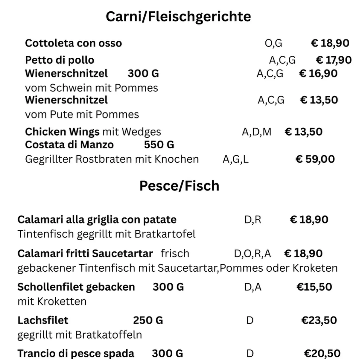 Speisekarte, Pizzeria PEPERONCINO