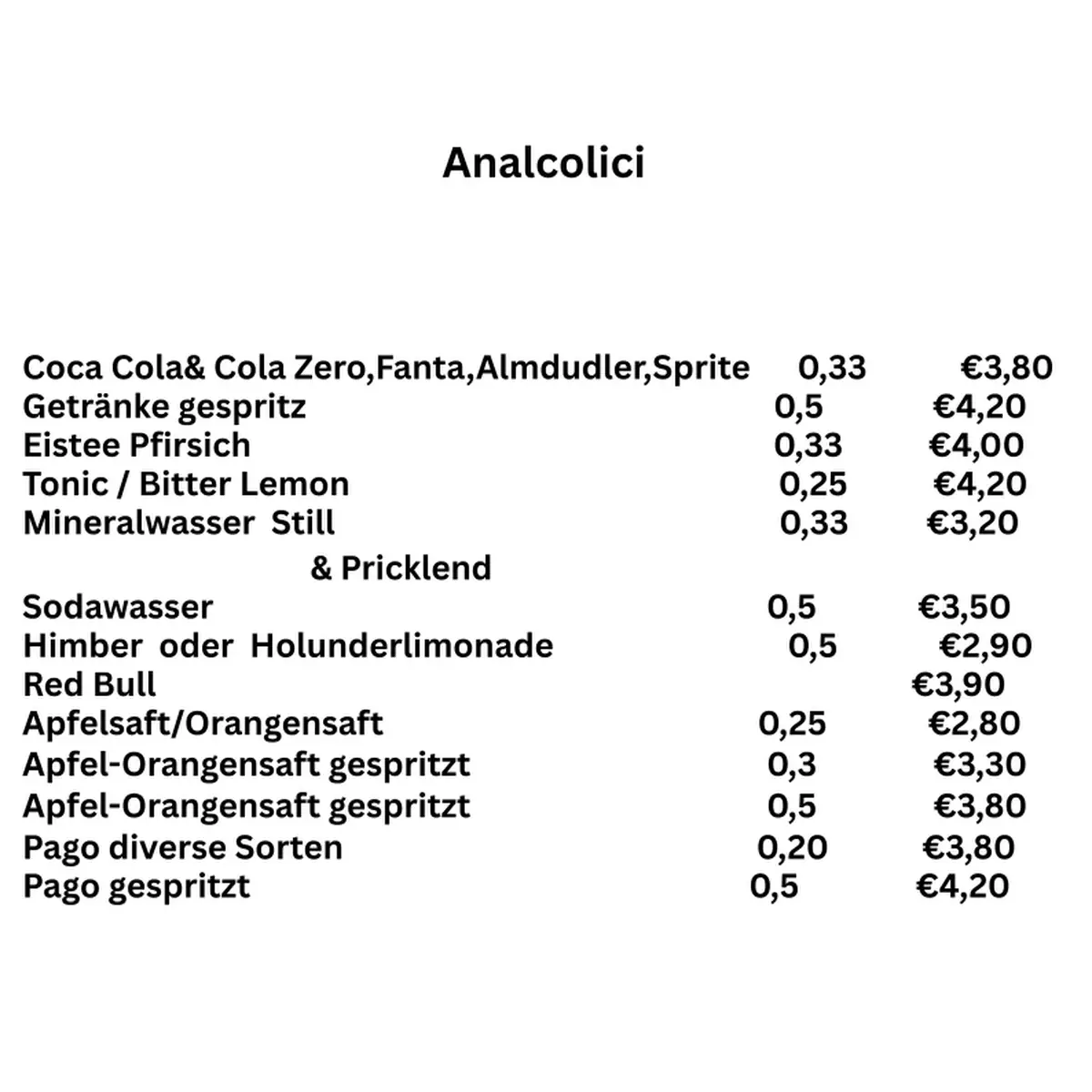 Speisekarte, Pizzeria PEPERONCINO